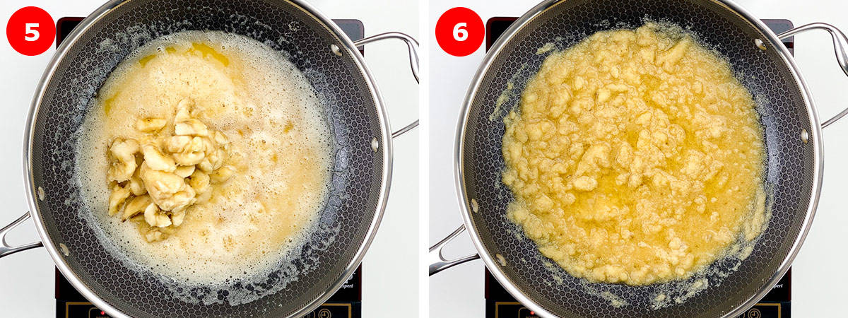 step by step photos of adding bananas, smashing them to blend them, and roasting them