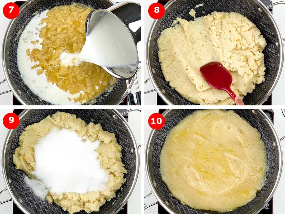 step by step photos of first adding milk and then sugar to make sapaath or banana sheera for pooja prasad