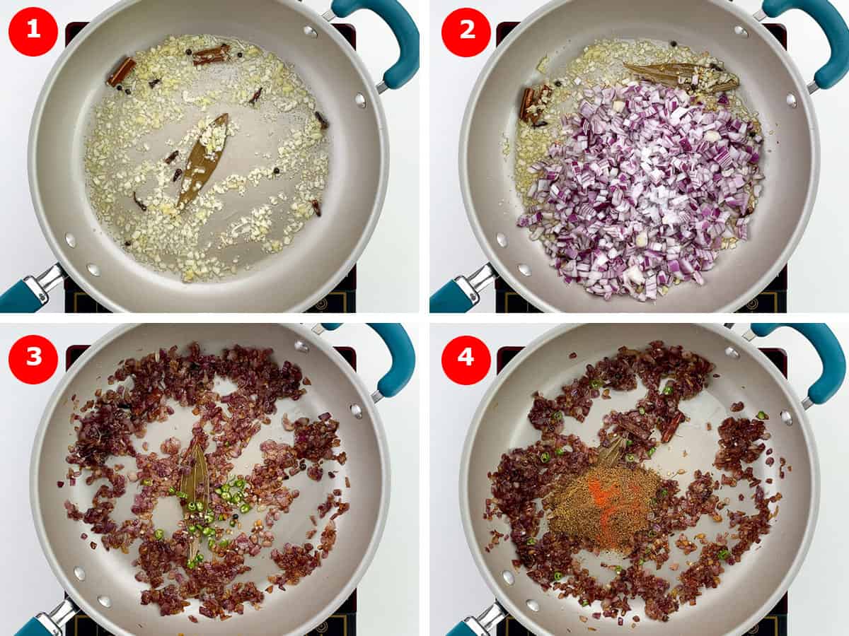 step by step photos of roasting whole spices, ginger, garlic, onions, and spice powders to make the base for chicken keema masala