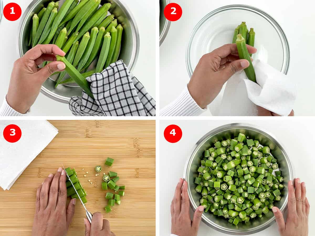 step by step photos of prepping bhindi to avoid it from getting sticky or slimy while making bhindi masala