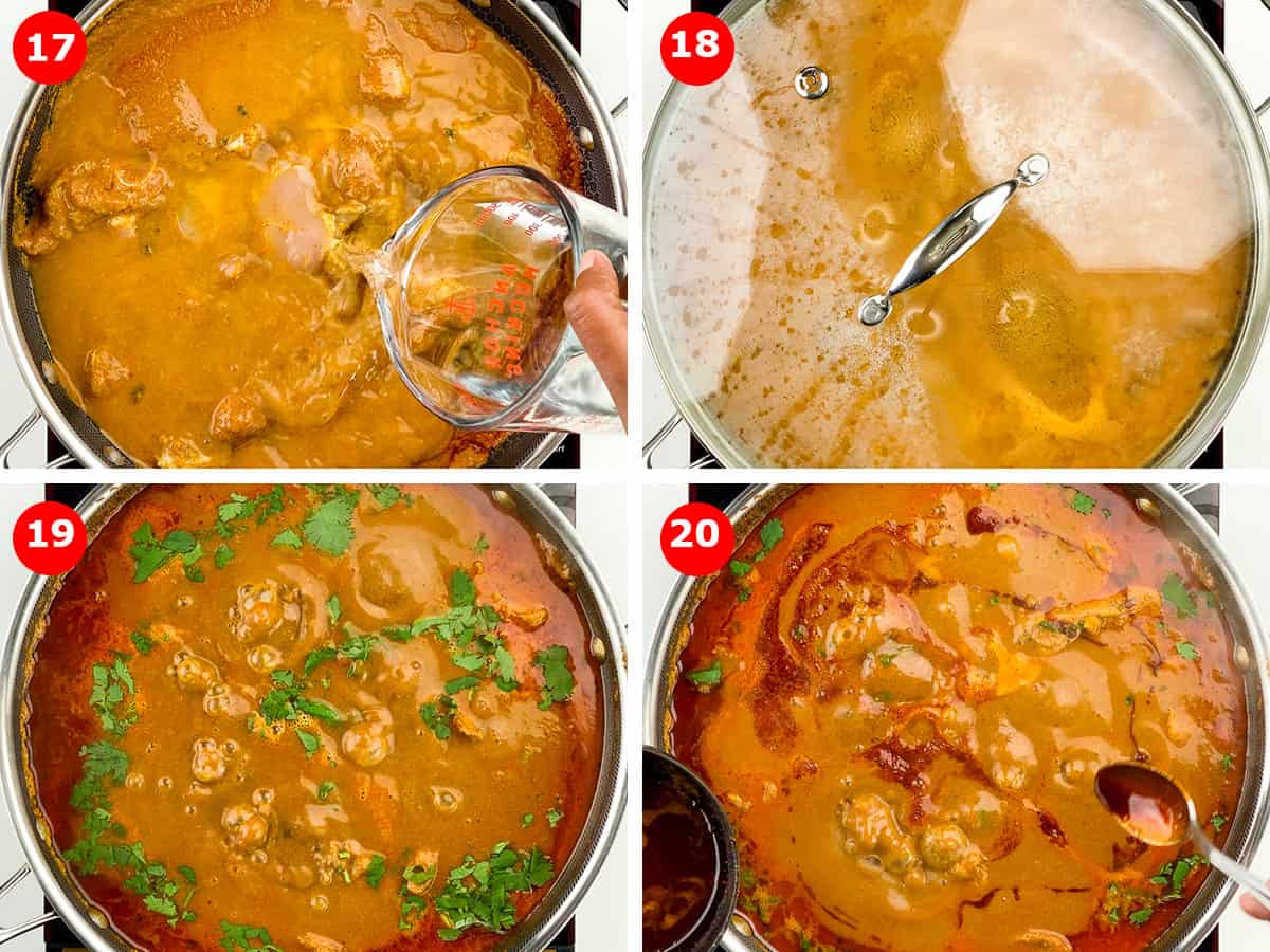 step by step photos of cooking the chicken, and then finally garnishing the curry with fresh coriander leaves, and adding kolhapuri tarri 
