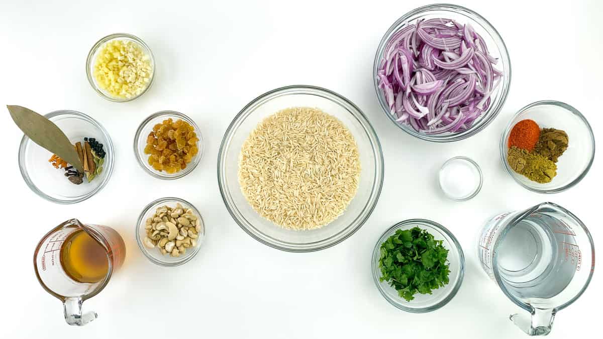 top shot of all the ingredients required to make instant pot chicken biryani