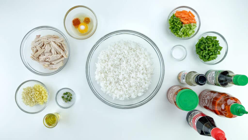 top shot of all the ingredients required to make chicken fried rice.