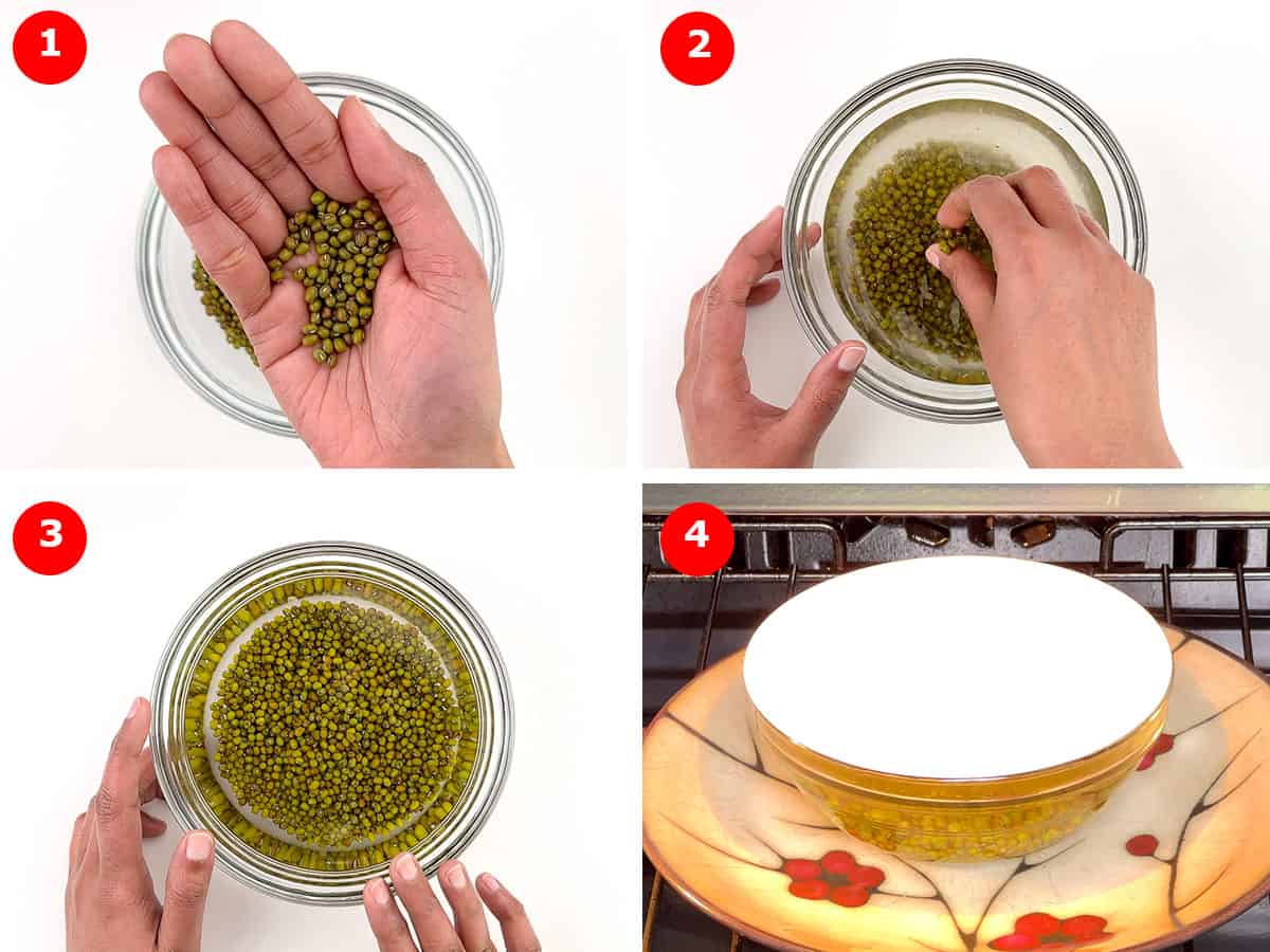 step by step photos of washing and then soaking mung beans.