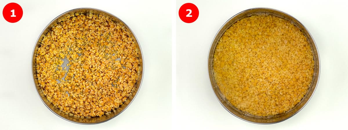 side by side photos of washed and strained yellow dal (toor and moong), which is then filled with water for pressure cooking