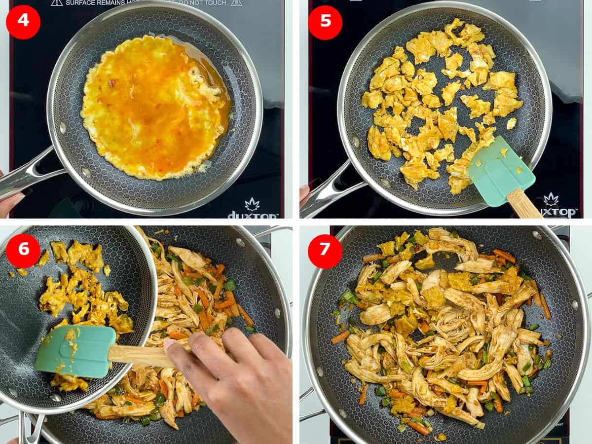 step by step photos of scrambling eggs in a pan, and then adding the scrambled eggs to the wok with chicken and veggies.