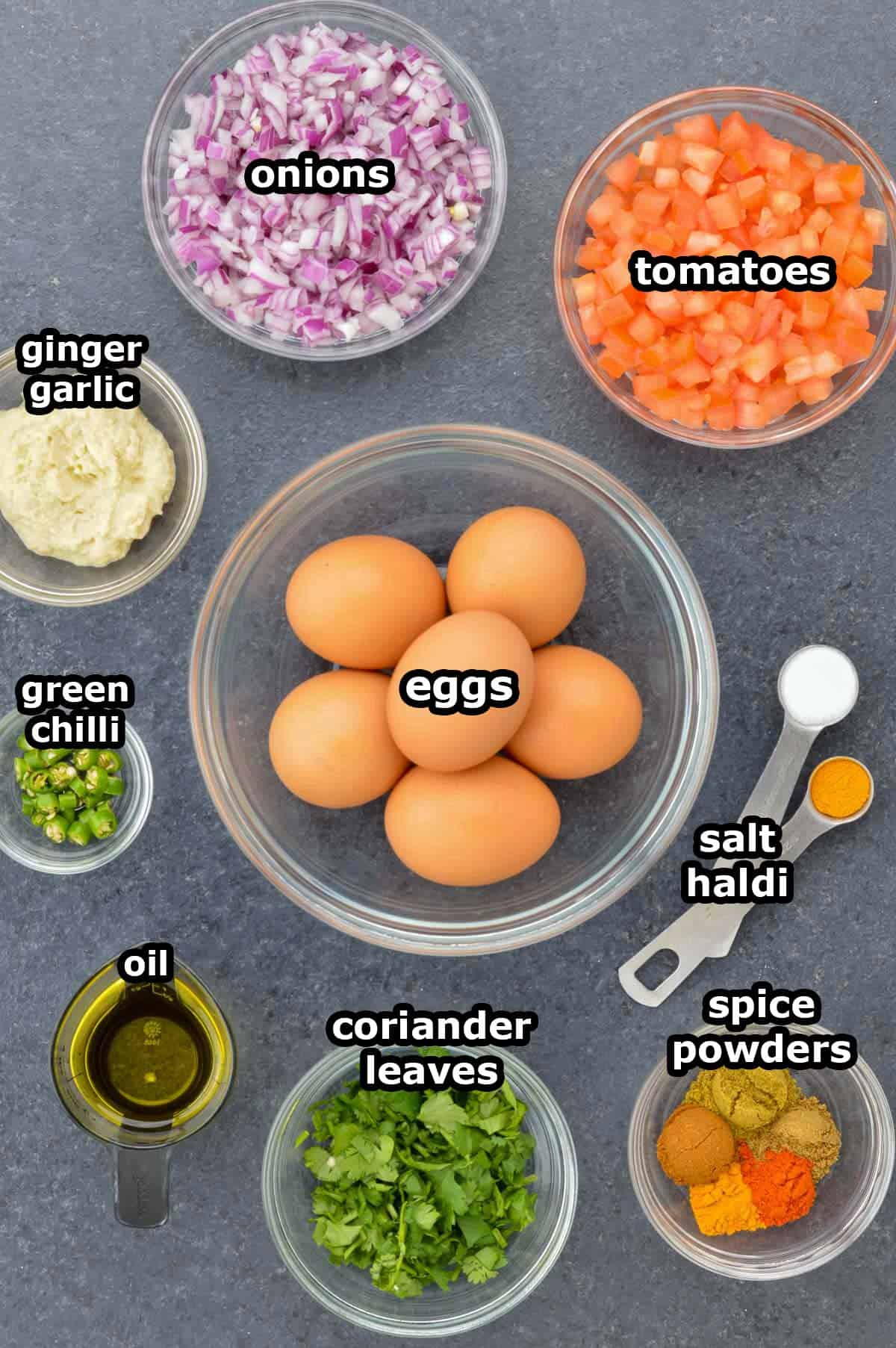 top shot of all the ingredients required to make egg bhurji.