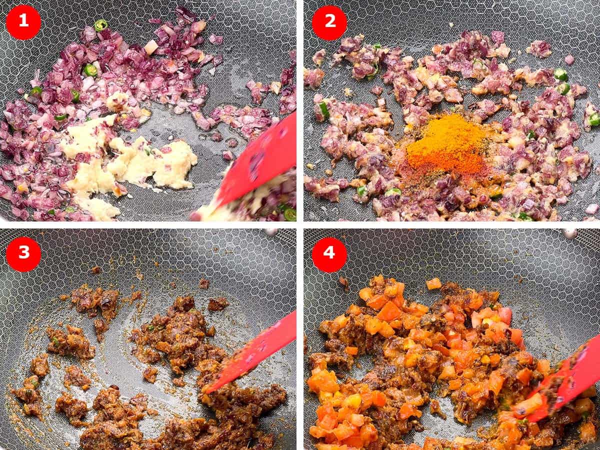 step by step photos of making the onion tomato masala base for the bhurji.