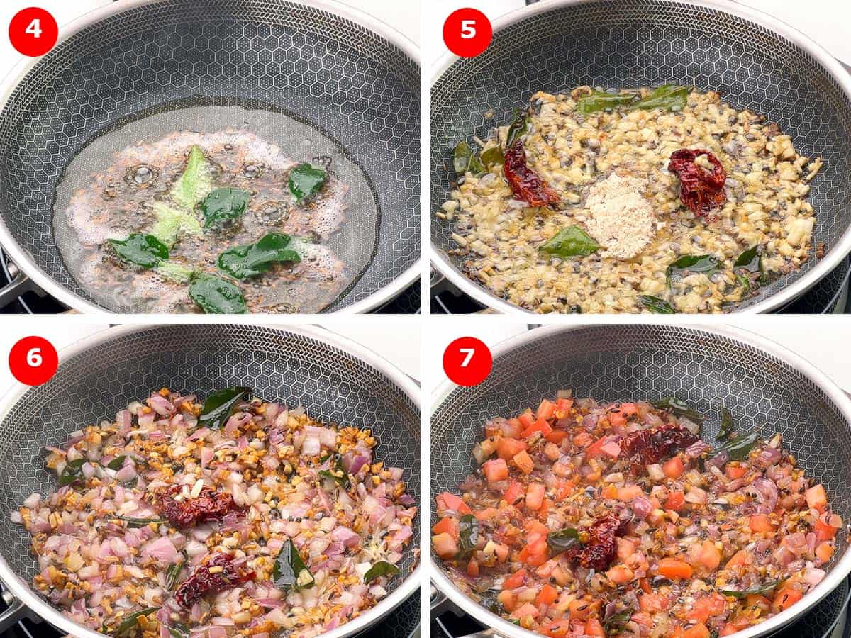 step by step photos of making the tadka for the dal.