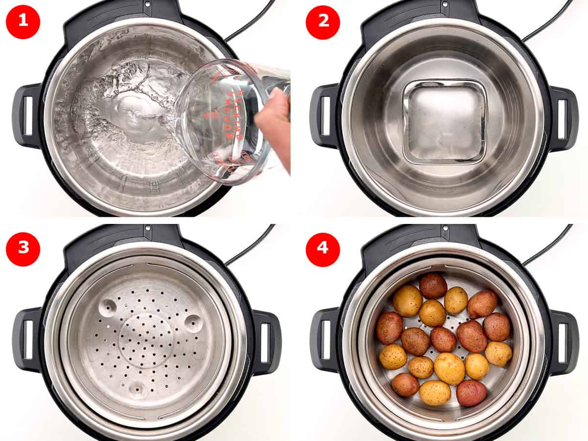 step by step photos of adding water, trivet, steamer basket and baby potatoes to boil in the instant pot.