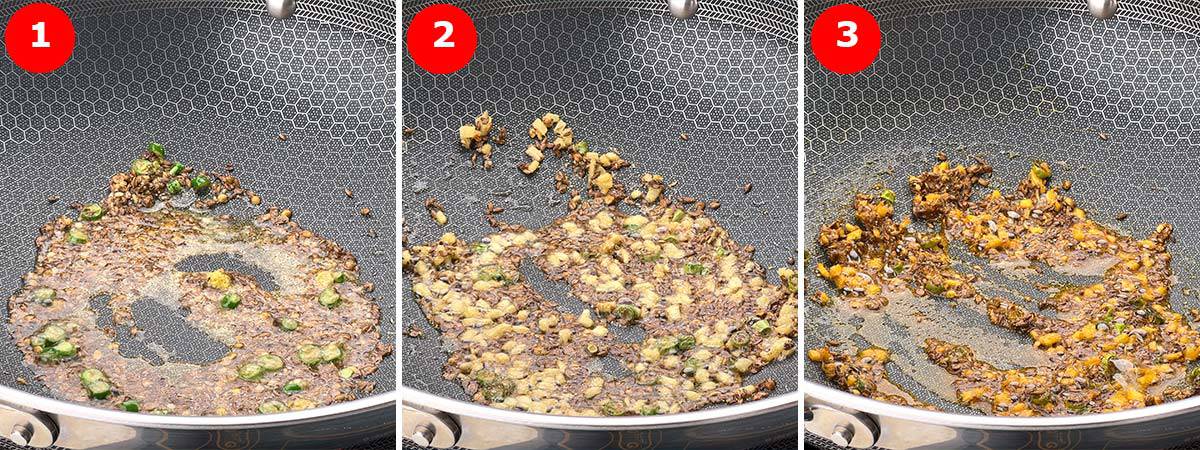 step by step photos of making the tempering for jeera aloo.