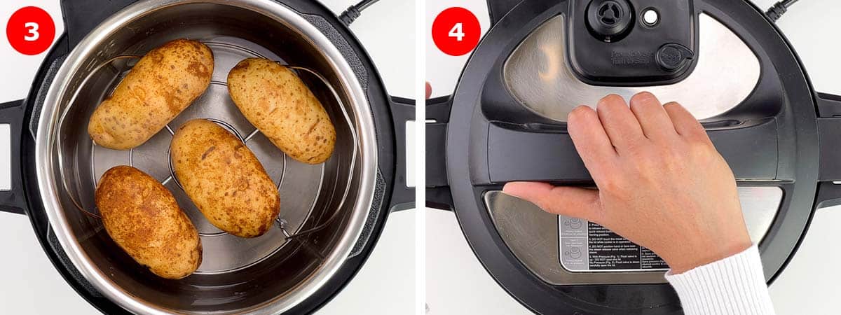 step by step photos of placing potatoes on the trivet and then sealing the instant pot.