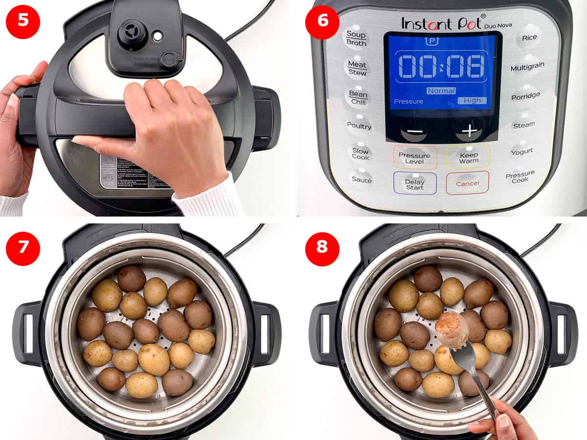 step by step photos of pressure cooking baby potatoes in the instant pot to get fork-tender boiled potatoes.