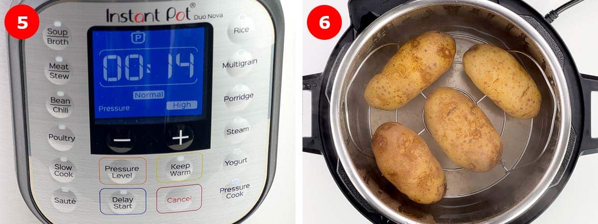 step by step photos of pressure cooking potatoes in instant pot to get fork-tender boiled potatoes.