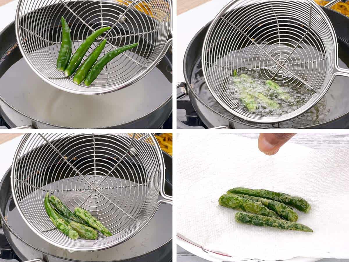step by step photos of prepping and frying green chillies.