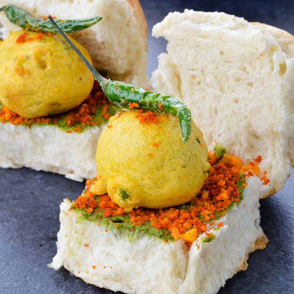 close up shot of two mumbai style vada pav.