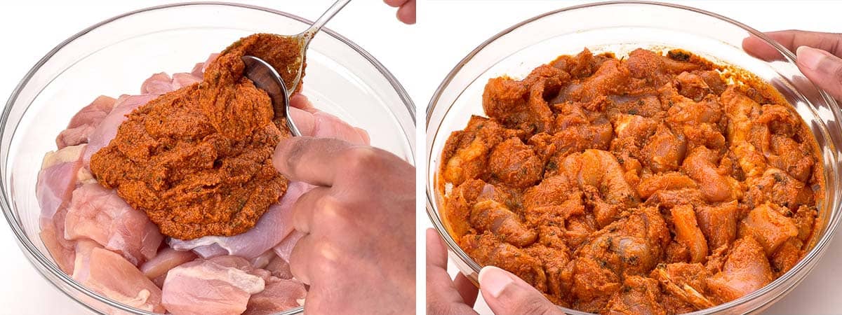 step by step photos of applying tandoori masala marinade to the boneless chicken pieces.