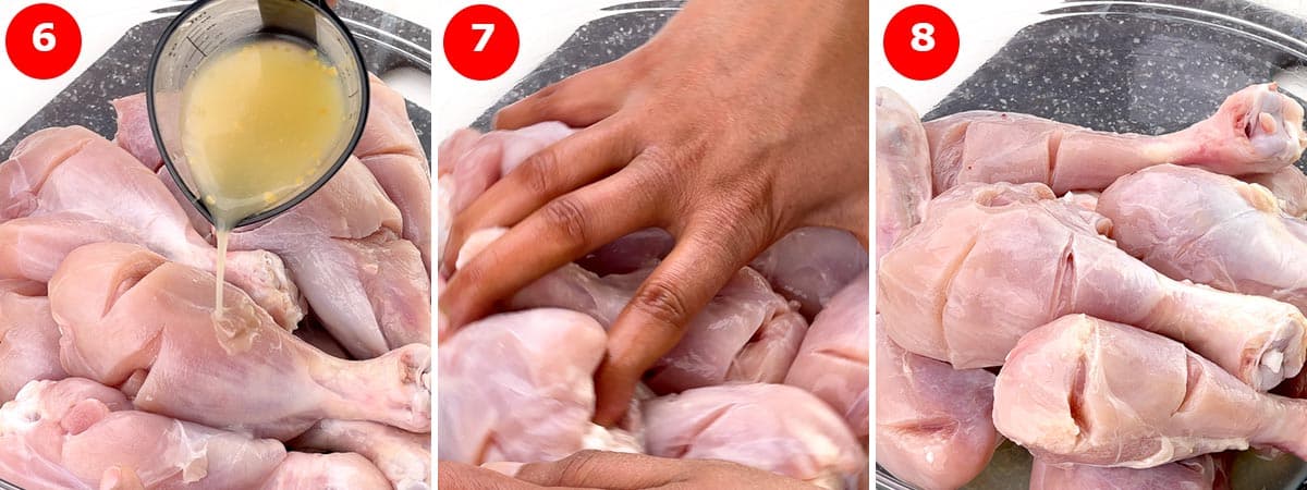 step by step photos of applying the lemon and salt mix to the chicken drumsticks.