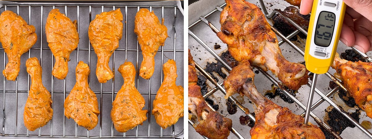 making tandoori chicken drumsticks in an oven.