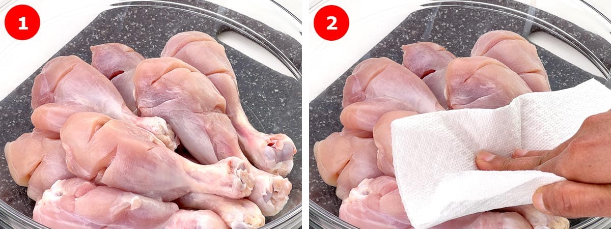 step by step photos of prepping the chicken drumsticks before marination.