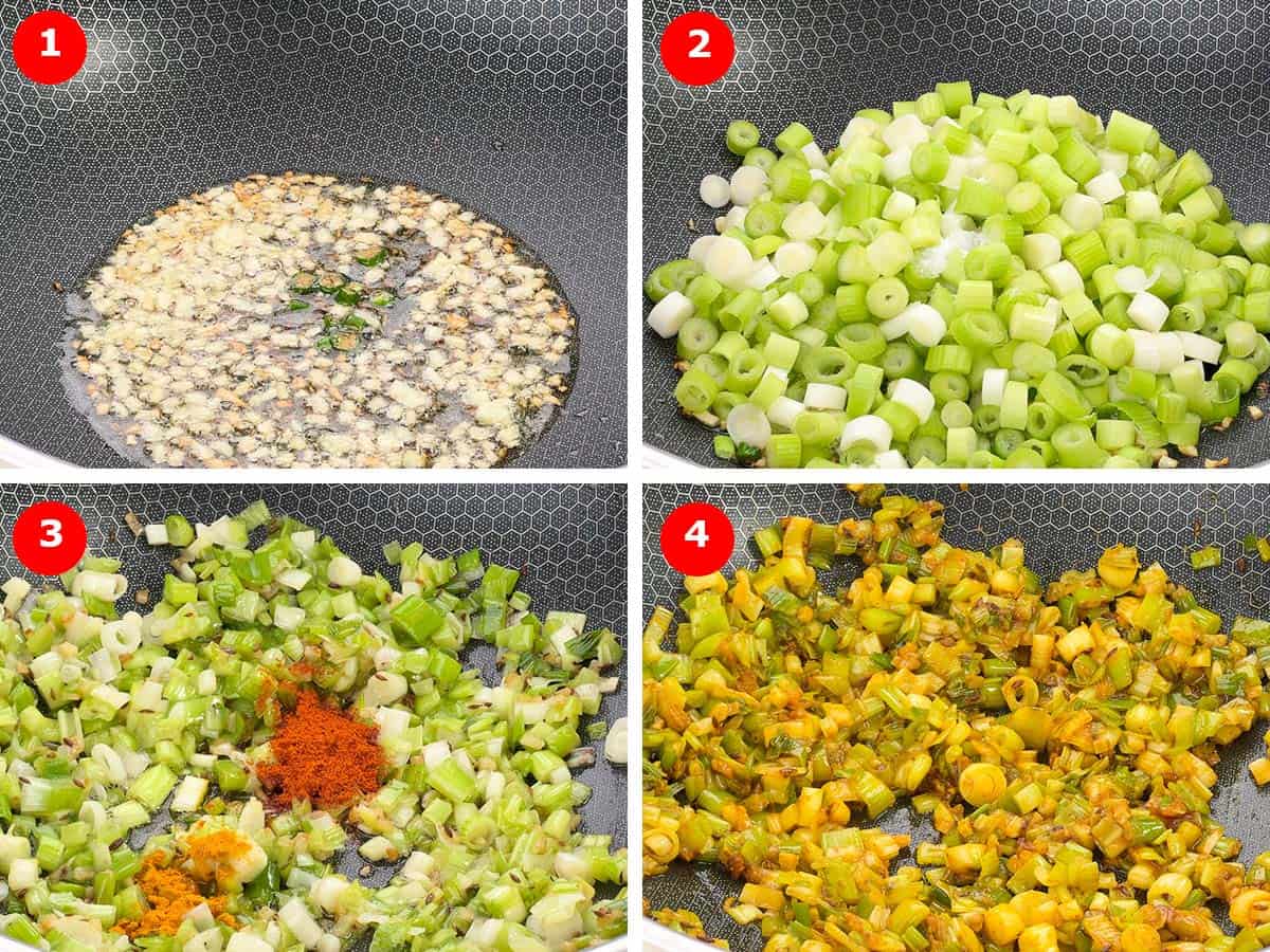 step by step photos of roasting cumin, garlic, chilli, and spring onion whites, along with spice powders.