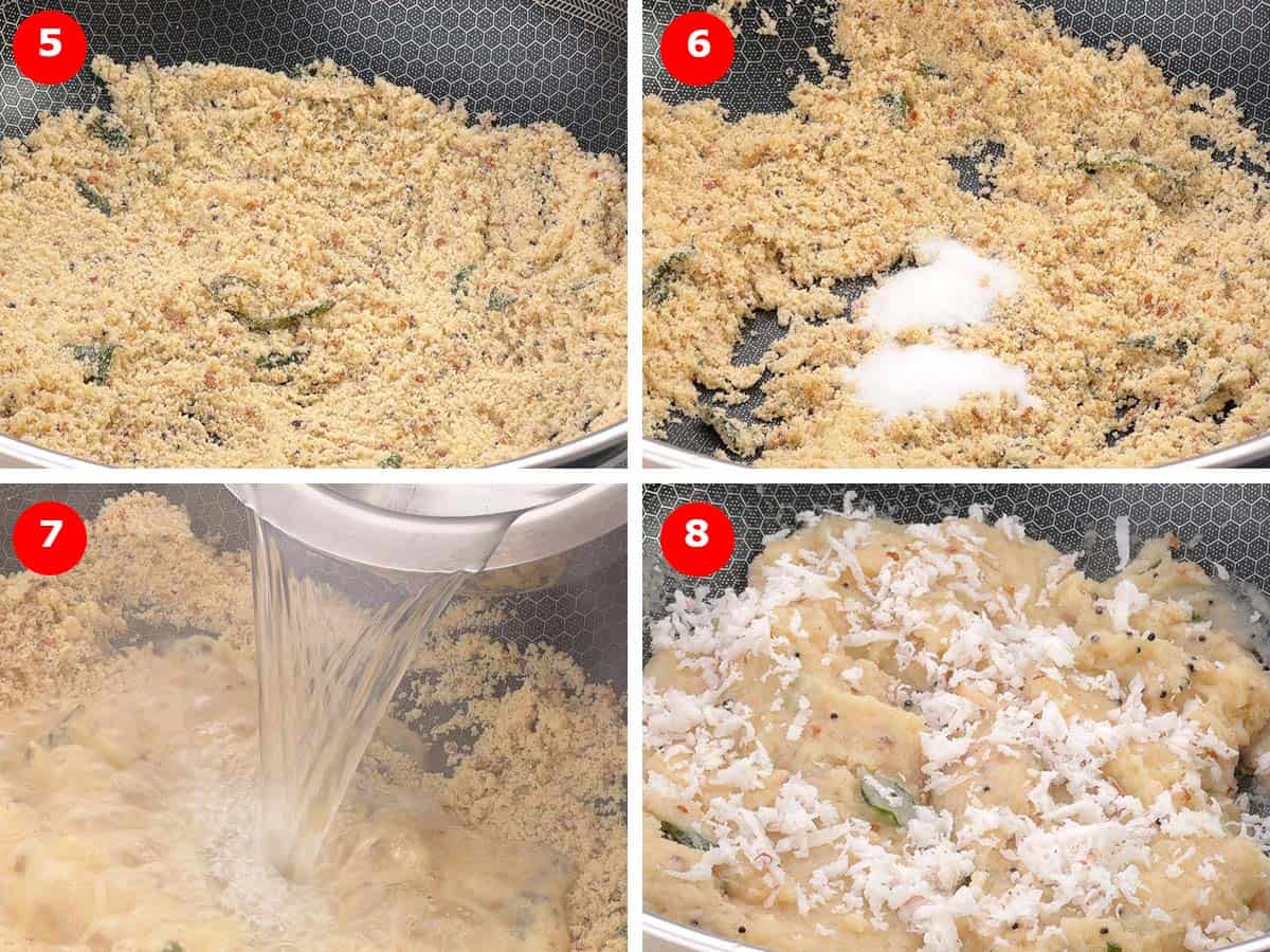 step by step photos of adding hot water to cook upma and seasoning it.