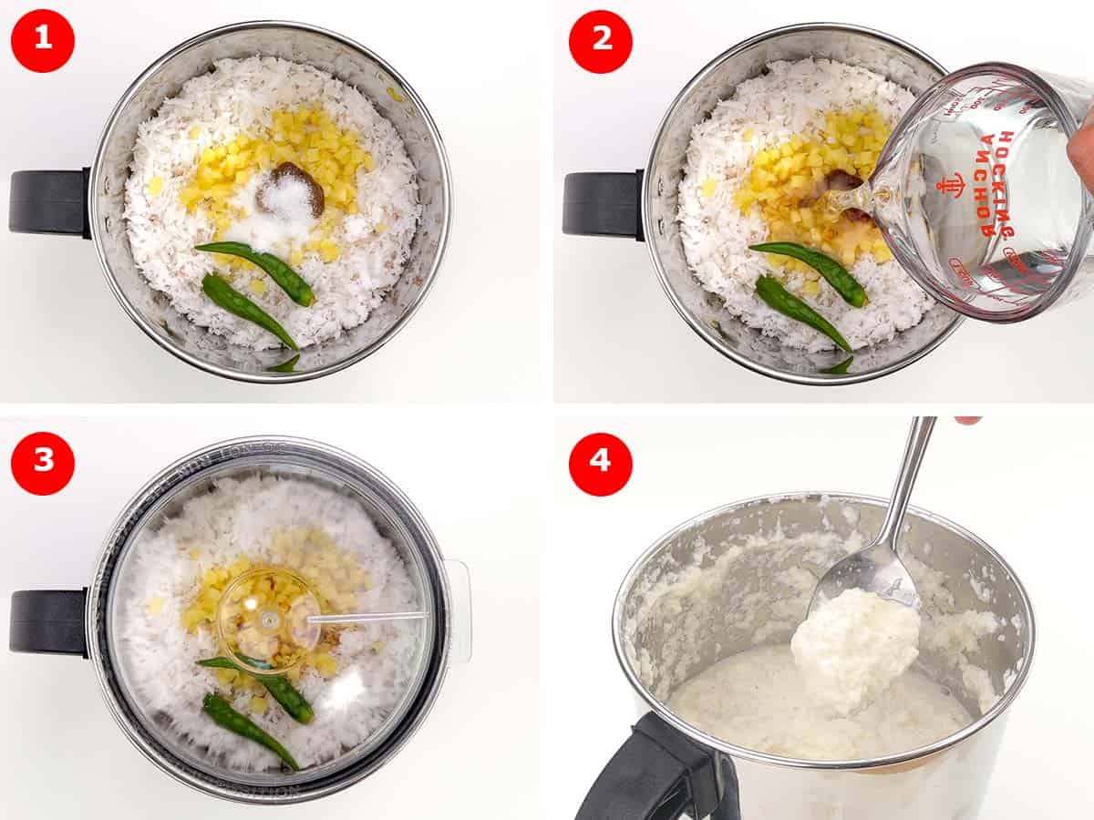 step by step photos of making the coconut chutney base in a mixer.