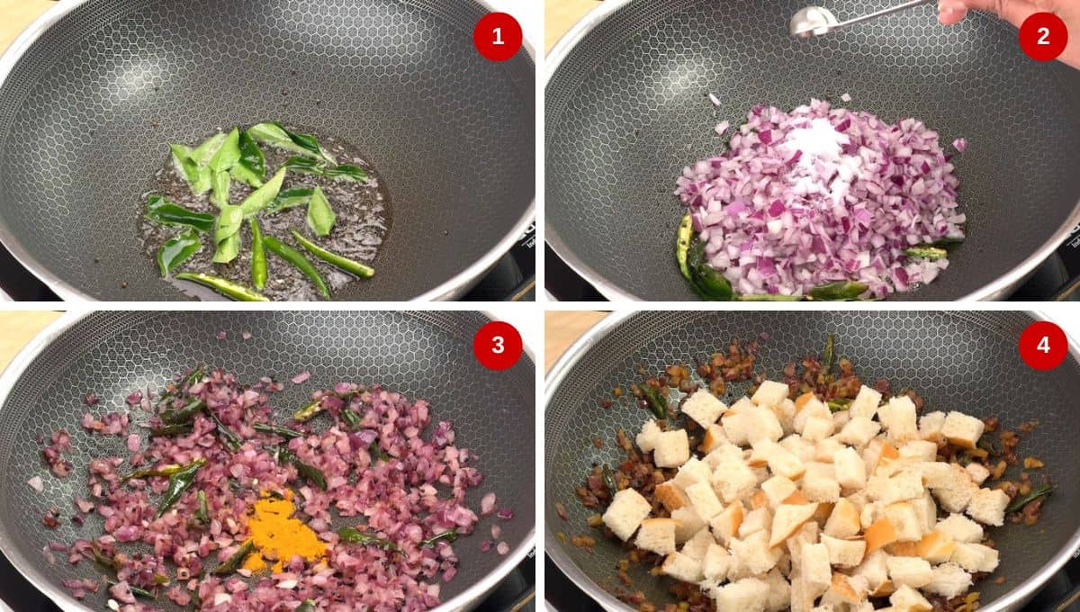 Four-step collage for making bread upkari: 1. Tempering with mustard seeds, curry leaves and chillies, 2. Sautéing onions with salt, 3. Adding turmeric, 4. Mixing in chopped bread cubes.