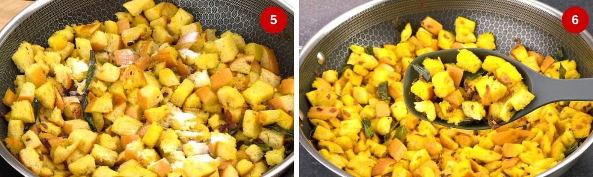 Two-step collage for finishing bread upkari: 5. Adding sugar in the final stage, and 6. Mixing everything together.